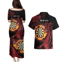 Wales Darts Personalised Couples Matching Puletasi and Hawaiian Shirt Red Dragon Cymru Am Byth