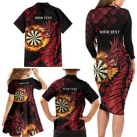 Wales Darts Personalised Family Matching Long Sleeve Bodycon Dress and Hawaiian Shirt Red Dragon Cymru Am Byth