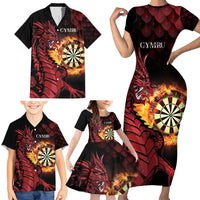 Wales Darts Personalised Family Matching Short Sleeve Bodycon Dress and Hawaiian Shirt Red Dragon Cymru Am Byth