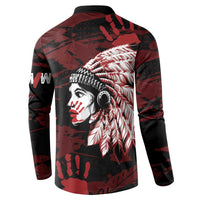 Native American MMIW Button Sweatshirt Red Handprint Grunge Style