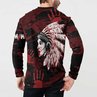 Native American MMIW Button Sweatshirt Red Handprint Grunge Style