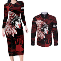 Native American MMIW Couples Matching Long Sleeve Bodycon Dress and Long Sleeve Button Shirt Red Handprint Grunge Style