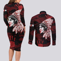 Native American MMIW Couples Matching Long Sleeve Bodycon Dress and Long Sleeve Button Shirt Red Handprint Grunge Style