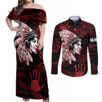 Native American MMIW Couples Matching Off Shoulder Maxi Dress and Long Sleeve Button Shirt Red Handprint Grunge Style