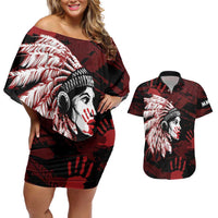 Native American MMIW Couples Matching Off Shoulder Short Dress and Hawaiian Shirt Red Handprint Grunge Style