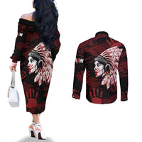 Native American MMIW Couples Matching Off The Shoulder Long Sleeve Dress and Long Sleeve Button Shirt Red Handprint Grunge Style