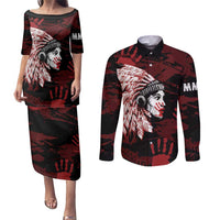 Native American MMIW Couples Matching Puletasi and Long Sleeve Button Shirt Red Handprint Grunge Style