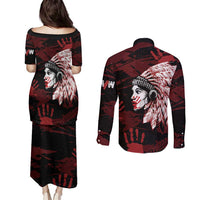 Native American MMIW Couples Matching Puletasi and Long Sleeve Button Shirt Red Handprint Grunge Style