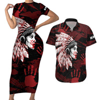 Native American MMIW Couples Matching Short Sleeve Bodycon Dress and Hawaiian Shirt Red Handprint Grunge Style