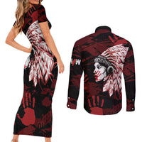 Native American MMIW Couples Matching Short Sleeve Bodycon Dress and Long Sleeve Button Shirt Red Handprint Grunge Style