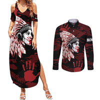 Native American MMIW Couples Matching Summer Maxi Dress and Long Sleeve Button Shirt Red Handprint Grunge Style