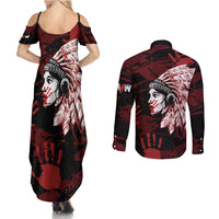 Native American MMIW Couples Matching Summer Maxi Dress and Long Sleeve Button Shirt Red Handprint Grunge Style