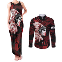 Native American MMIW Couples Matching Tank Maxi Dress and Long Sleeve Button Shirt Red Handprint Grunge Style