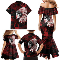 Native American MMIW Family Matching Mermaid Dress and Hawaiian Shirt Red Handprint Grunge Style