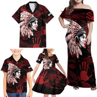 Native American MMIW Family Matching Off Shoulder Maxi Dress and Hawaiian Shirt Red Handprint Grunge Style