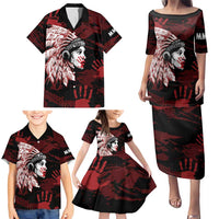 Native American MMIW Family Matching Puletasi and Hawaiian Shirt Red Handprint Grunge Style