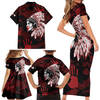 Native American MMIW Family Matching Short Sleeve Bodycon Dress and Hawaiian Shirt Red Handprint Grunge Style