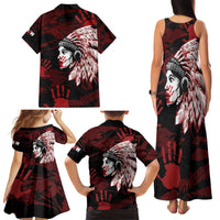 Native American MMIW Family Matching Tank Maxi Dress and Hawaiian Shirt Red Handprint Grunge Style
