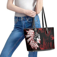 Native American MMIW Leather Tote Bag Red Handprint Grunge Style