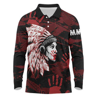 Native American MMIW Long Sleeve Polo Shirt Red Handprint Grunge Style