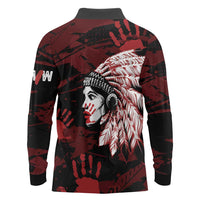 Native American MMIW Long Sleeve Polo Shirt Red Handprint Grunge Style