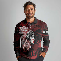 Native American MMIW Long Sleeve Polo Shirt Red Handprint Grunge Style