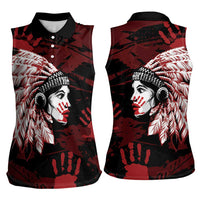 Native American MMIW Women Sleeveless Polo Shirt Red Handprint Grunge Style
