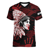 Native American MMIW Women V-Neck T-Shirt Red Handprint Grunge Style