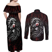 Native American MMIW Red Handprint Couples Matching Off Shoulder Maxi Dress and Long Sleeve Button Shirt Dreamcatcher