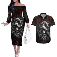 Native American MMIW Red Handprint Couples Matching Off The Shoulder Long Sleeve Dress and Hawaiian Shirt Dreamcatcher