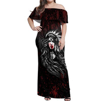 Native American MMIW Red Handprint Off Shoulder Maxi Dress Dreamcatcher