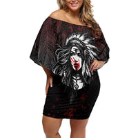 Native American MMIW Red Handprint Off Shoulder Short Dress Dreamcatcher