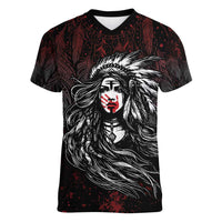 Native American MMIW Red Handprint Women V-Neck T-Shirt Dreamcatcher