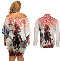 Kentucky Horse Racing Couples Matching Off Shoulder Short Dress and Long Sleeve Button Shirt 151st Derby Party