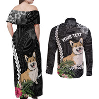 Personalised Polynesian Dog Couples Matching Off Shoulder Maxi Dress and Long Sleeve Button Shirts Corgi Mix Tropical Flowers LT7 - Wonder Print Shop