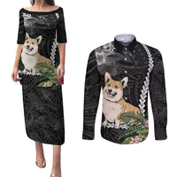 Personalised Polynesian Dog Couples Matching Puletasi Dress and Long Sleeve Button Shirts Corgi Mix Tropical Flowers LT7 - Wonder Print Shop