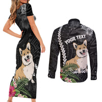 Personalised Polynesian Dog Couples Matching Short Sleeve Bodycon Dress and Long Sleeve Button Shirts Corgi Mix Tropical Flowers LT7 - Wonder Print Shop
