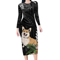 Personalised Polynesian Dog Long Sleeve Bodycon Dress Corgi Mix Tropical Flowers - Wonder Print Shop