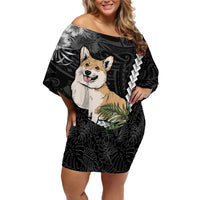 Personalised Polynesian Dog Off Shoulder Short Dress Corgi Mix Tropical Flowers - Wonder Print Shop