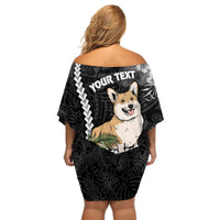 Personalised Polynesian Dog Off Shoulder Short Dress Corgi Mix Tropical Flowers - Wonder Print Shop