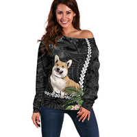 Personalised Polynesian Dog Off Shoulder Sweater Corgi Mix Tropical Flowers - Wonder Print Shop