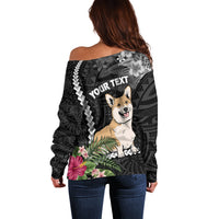 Personalised Polynesian Dog Off Shoulder Sweater Corgi Mix Tropical Flowers - Wonder Print Shop