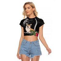 Personalised Polynesian Dog Raglan Cropped T Shirt Corgi Mix Tropical Flowers - Wonder Print Shop