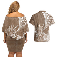 Personalised Polynesian Pacific Bulldog Couples Matching Off Shoulder Short Dress and Hawaiian Shirt With Brown Hawaii Tribal Tattoo Patterns LT7 - Wonder Print Shop