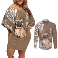 Personalised Polynesian Pacific Bulldog Couples Matching Off Shoulder Short Dress and Long Sleeve Button Shirts With Brown Hawaii Tribal Tattoo Patterns LT7 - Wonder Print Shop