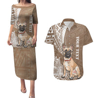 Personalised Polynesian Pacific Bulldog Couples Matching Puletasi Dress and Hawaiian Shirt With Brown Hawaii Tribal Tattoo Patterns LT7 - Wonder Print Shop