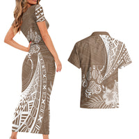 Personalised Polynesian Pacific Bulldog Couples Matching Short Sleeve Bodycon Dress and Hawaiian Shirt With Brown Hawaii Tribal Tattoo Patterns LT7 - Wonder Print Shop