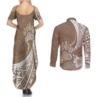 Personalised Polynesian Pacific Bulldog Couples Matching Summer Maxi Dress and Long Sleeve Button Shirts With Brown Hawaii Tribal Tattoo Patterns LT7 - Wonder Print Shop