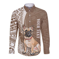 Personalised Polynesian Pacific Bulldog Long Sleeve Button Shirt With Brown Hawaii Tribal Tattoo Patterns - Wonder Print Shop