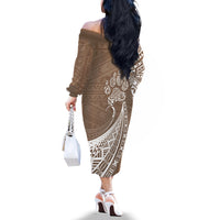 Personalised Polynesian Pacific Bulldog Off The Shoulder Long Sleeve Dress With Brown Hawaii Tribal Tattoo Patterns - Wonder Print Shop
